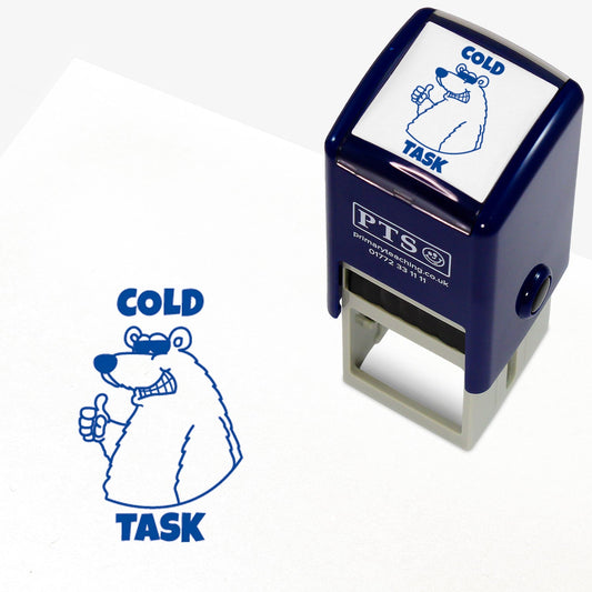 25mm self-inking stamper with blue ink.  The stamp impression is an polar bear wearing sunglasses and giving a thumbs up - above the text 'COLD' and below 'TASK'