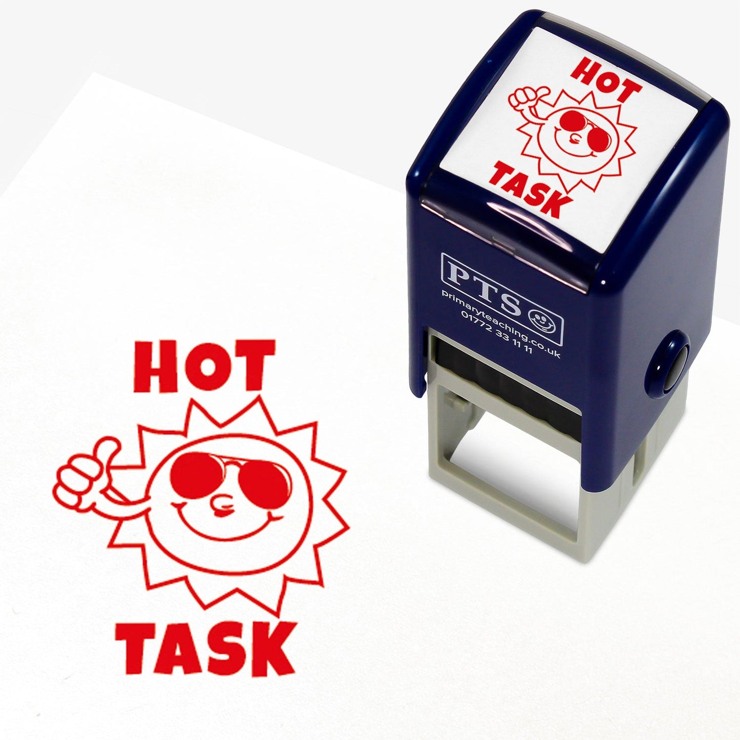 A 25mm round pre-inked stamper with red ink, featuring the phrase 'Hot Task' surrounding a sun wearing sunglasses with a thumbs up.