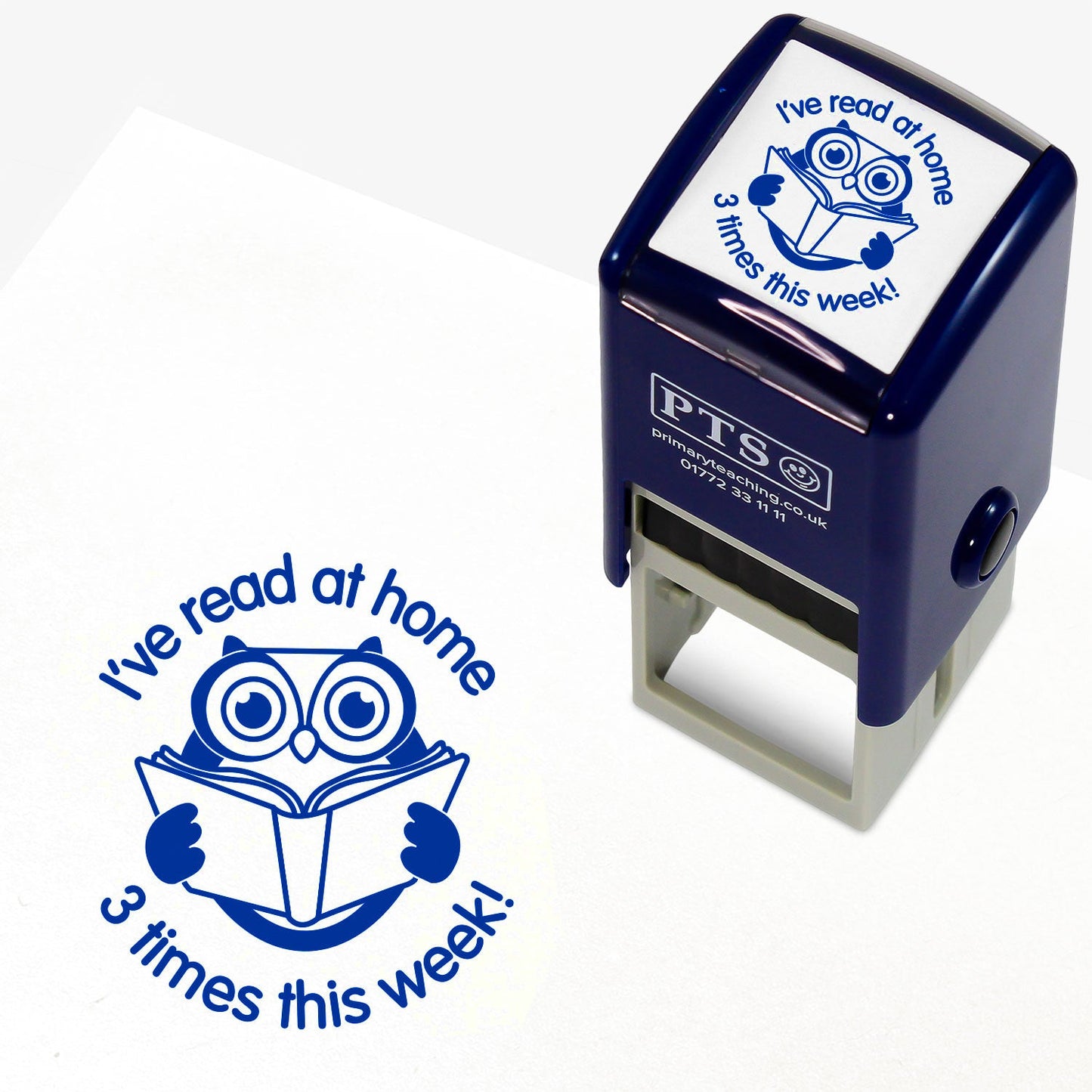 A 25mm blue self-inking stamp with a central image of a wise owl reading a book with the phrase 'I've read at home.' above and '3 times this week!' below.