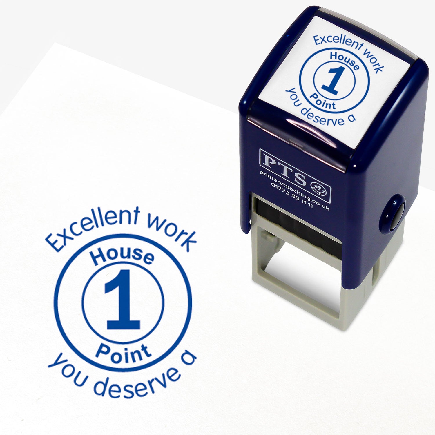25mm self-inking stamper with blue ink.  The stamp impression is a green outline of 1 house point' encircled by the words 'Excellent work you deserve a'