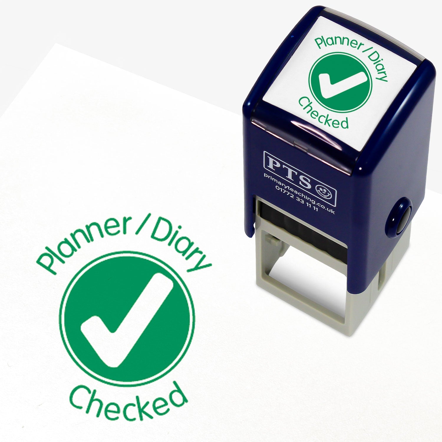A 25mm round pre-inked teacher stamper with green ink, featuring a white tick in a solid green circle, curving above the image is the text 'Planner / Diary' and below the image 'Checked' in a clear, bold font.