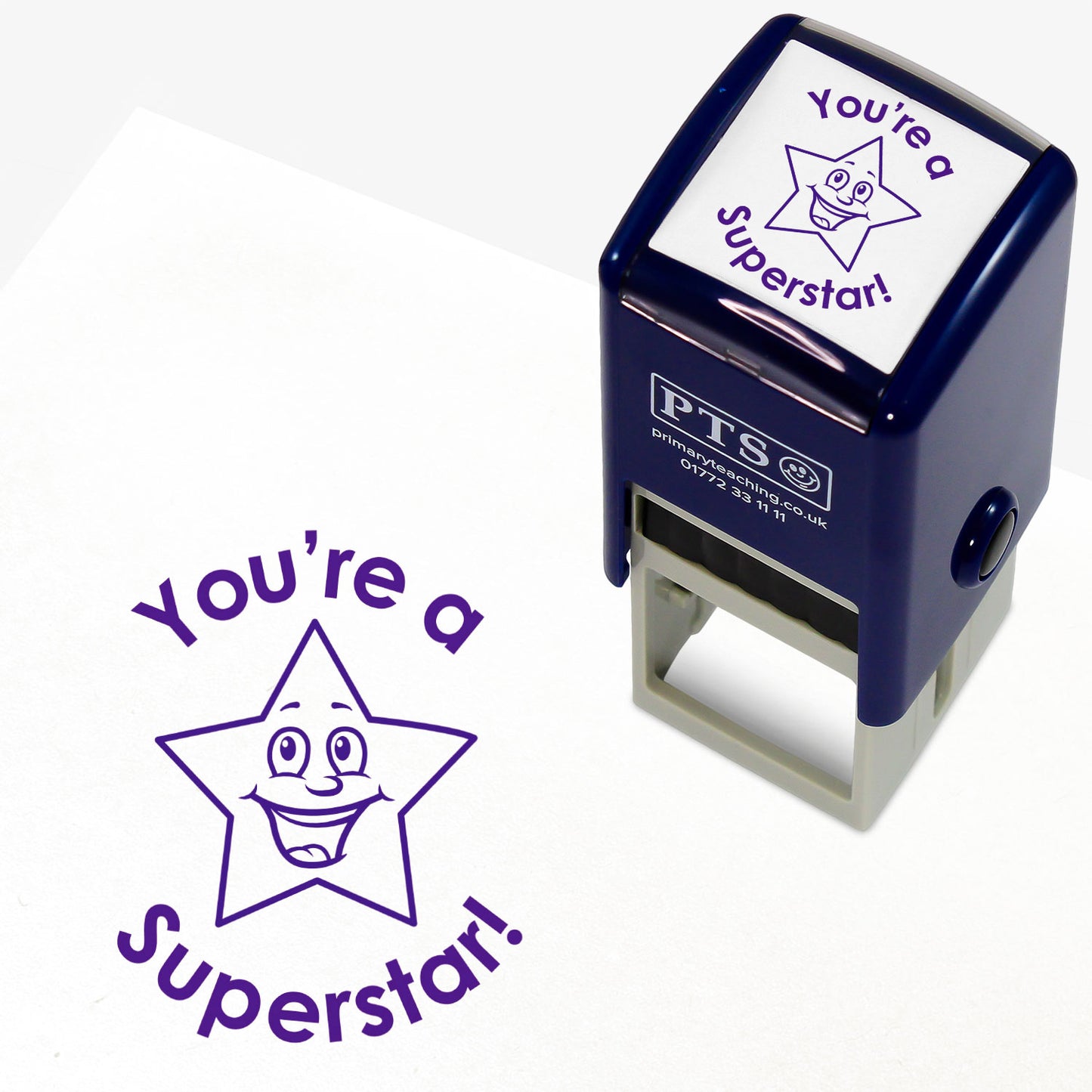 Purple 25mm pre-inked stamper featuring a smiling cartoon star surrounded by the phrase 'You're a Superstar!'