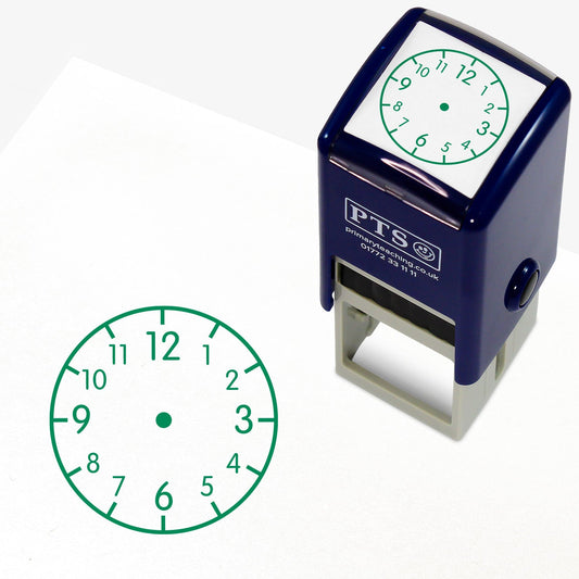 25mm self-inking stamper with green ink.  The stamp impression is an analogue clock face
