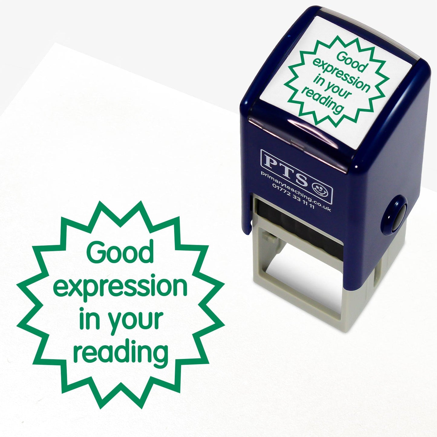 25mm self-inking stamper with green ink.  The stamp impression shows a central text 'Good expression in your reading' across 4 lines surrounded by a zig zag 'circular' image.