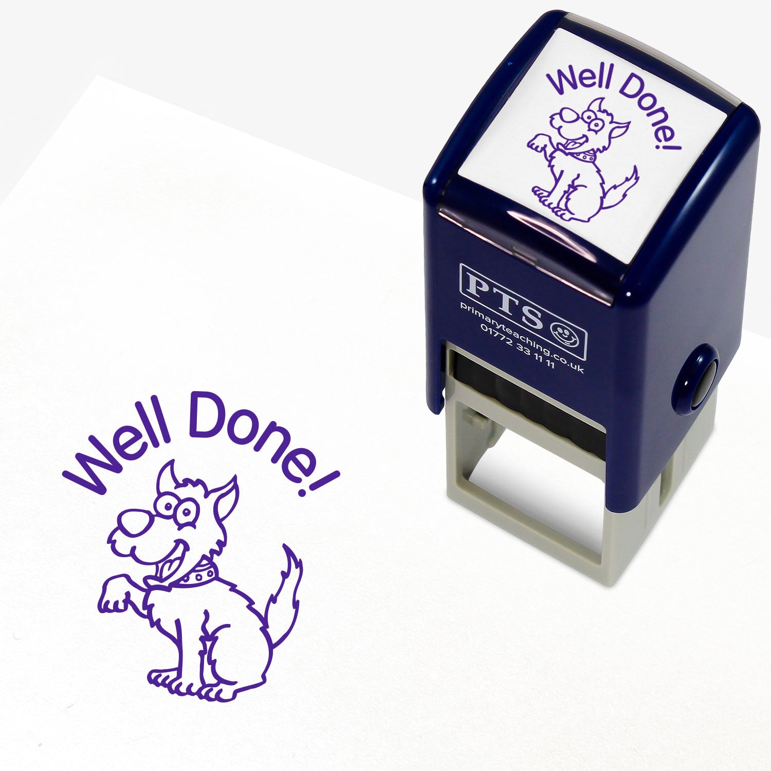 Purple 25mm pre-inked stamper featuring a dog sitting with it's right paw up in the air with the text 'WELL DONE!' above the image.