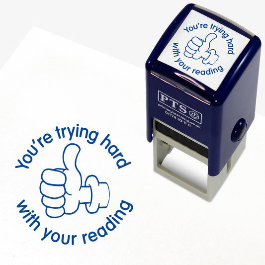 Blue 25mm pre-inked stamper featuring a thumbs up icon surrounded by the phrase 'You're trying hard with your reading'.