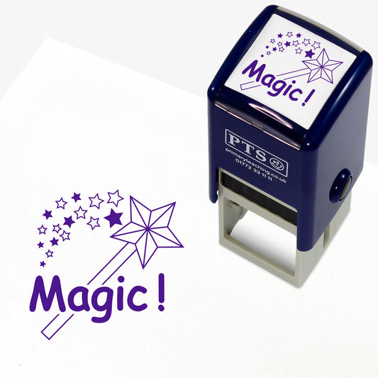 A 25mm self-inking stamp with a purple wand emitting a shower of stars with the phrase 'Magic!'.