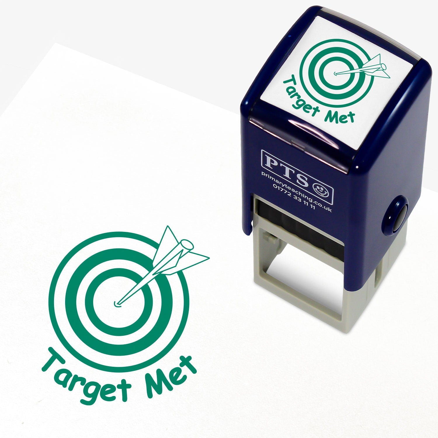Green ink 25mm pre-inked stamper featuring an arrow hitting a bullseye in a target with the phrase 'Target Met' underneath.
