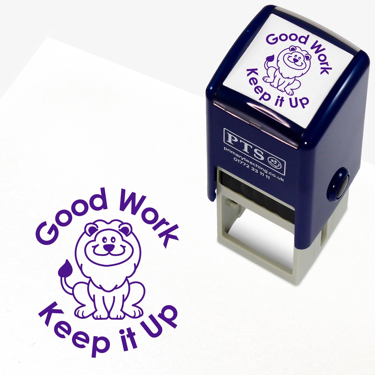 25mm self-inking stamper with purple ink.  The stamp impression shows a main illustration of a lion sitting down and above it the words 'Good Work', with 'Keep it up' below.