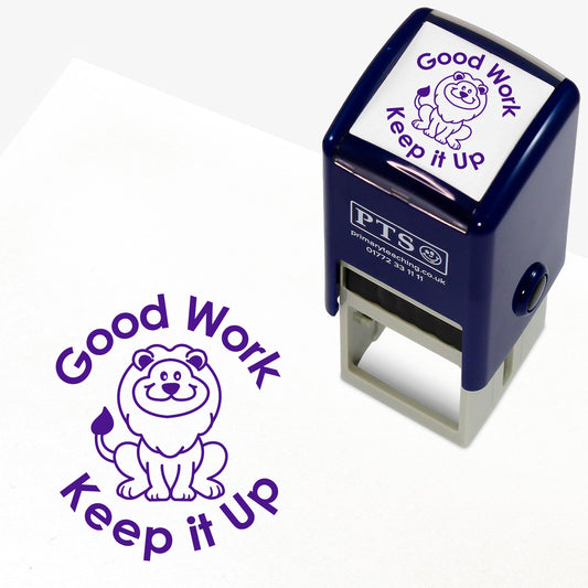 25mm self-inking stamper with purple ink.  The stamp impression shows a main illustration of a lion sitting down and above it the words 'Good Work', with 'Keep it up' below.