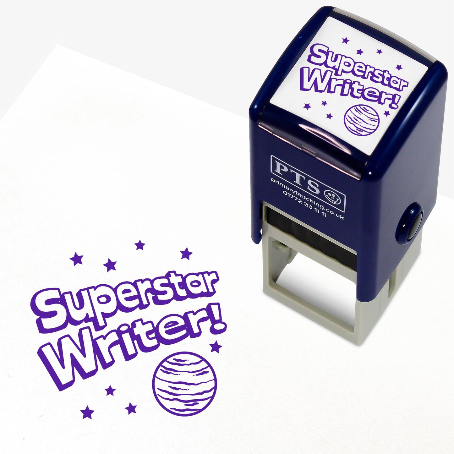 Purple 25mm Self-inking teacher stamp with the phrase 'Superstar Writer!' in bold purple text surrounded by stars, and a planet illustration underneath.
