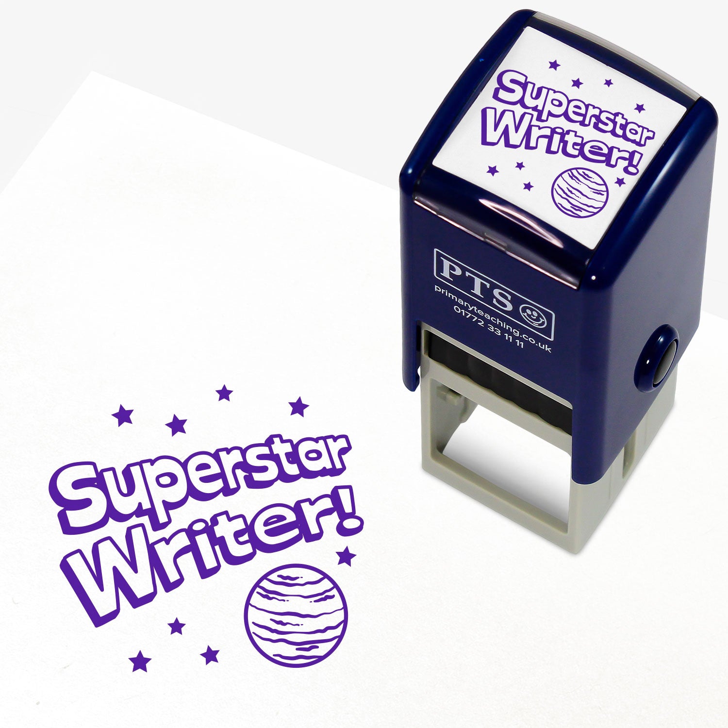 Purple 25mm Self-inking teacher stamp with the phrase 'Superstar Writer!' in bold purple text surrounded by stars, and a planet illustration underneath.