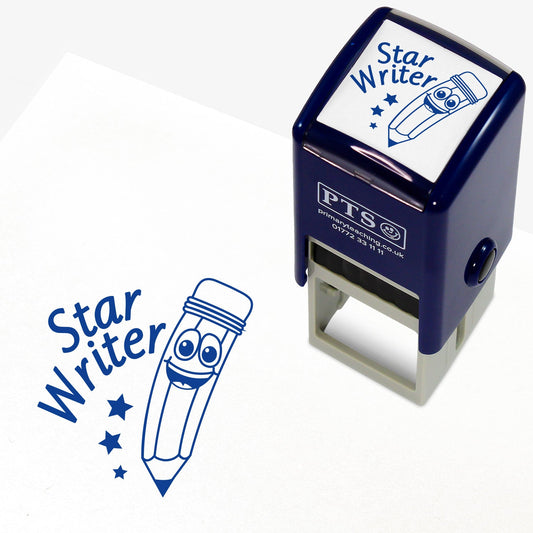 Blue 25mm Self-inking teacher stamp with the phrase 'Star Writer' in bold blue text with a smiling pencil and 3 stars alongside.