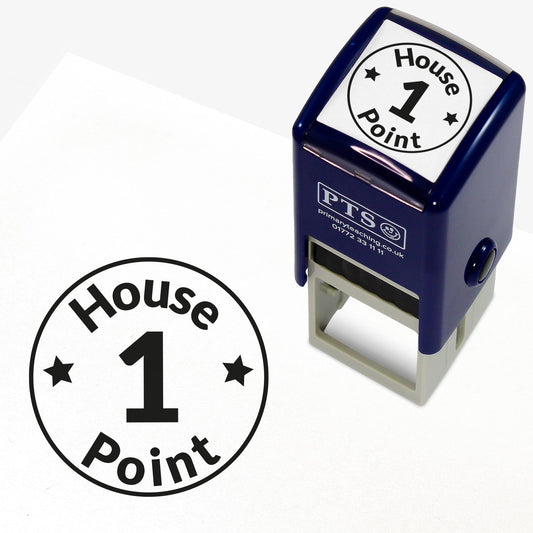 A 25mm round pre-inked teacher stamper with black ink. The stamped design features the number '1' central to the design with 'House' written above and 'Point' written below.  Either side of the number is a star. Designed to award points.