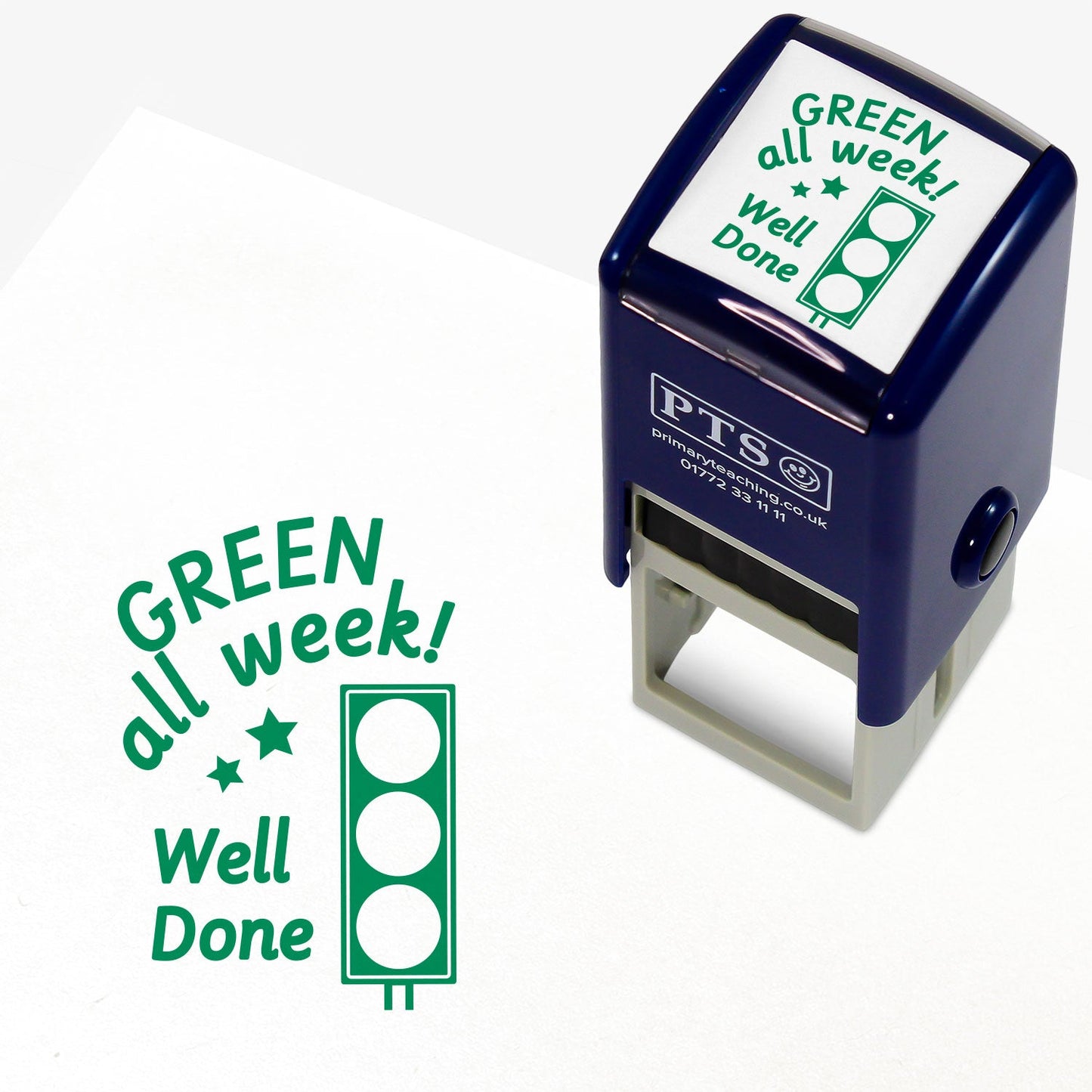 Square 25mm stamper with green ink, featuring the central image of a traffic light with the phrases 'GREEN all week!' and 'Well Done'.