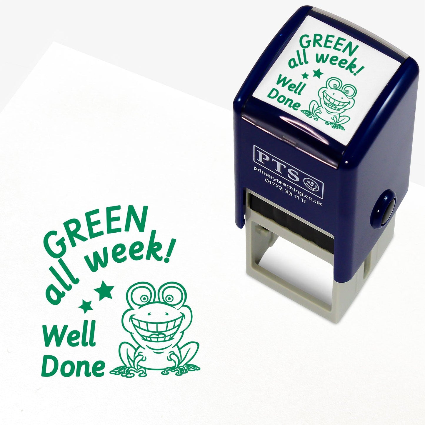 Square 25mm stamper with green ink, featuring the central image of a cartoon smiling frog with the phrases 'GREEN all week!' and 'Well Done'.