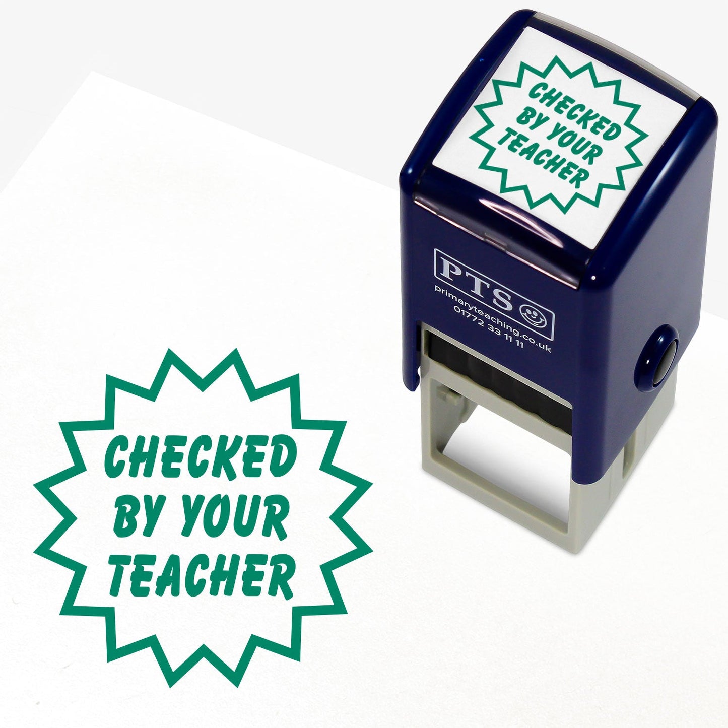 A 25mm round pre-inked teacher stamper with the phrase 'Checked By Your Teacher' in bold, uppercase letters, surrounded by a jagged starburst border. In green ink, this stamp is designed for efficient marking and assessment.