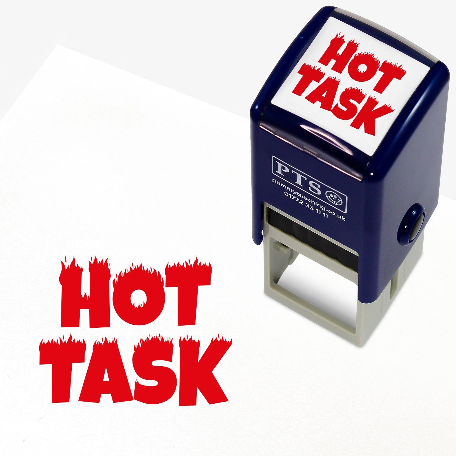 A 25mm round pre-inked stamper with red ink, featuring the phrase 'Hot Task' with the tops of the letters looking on fire.