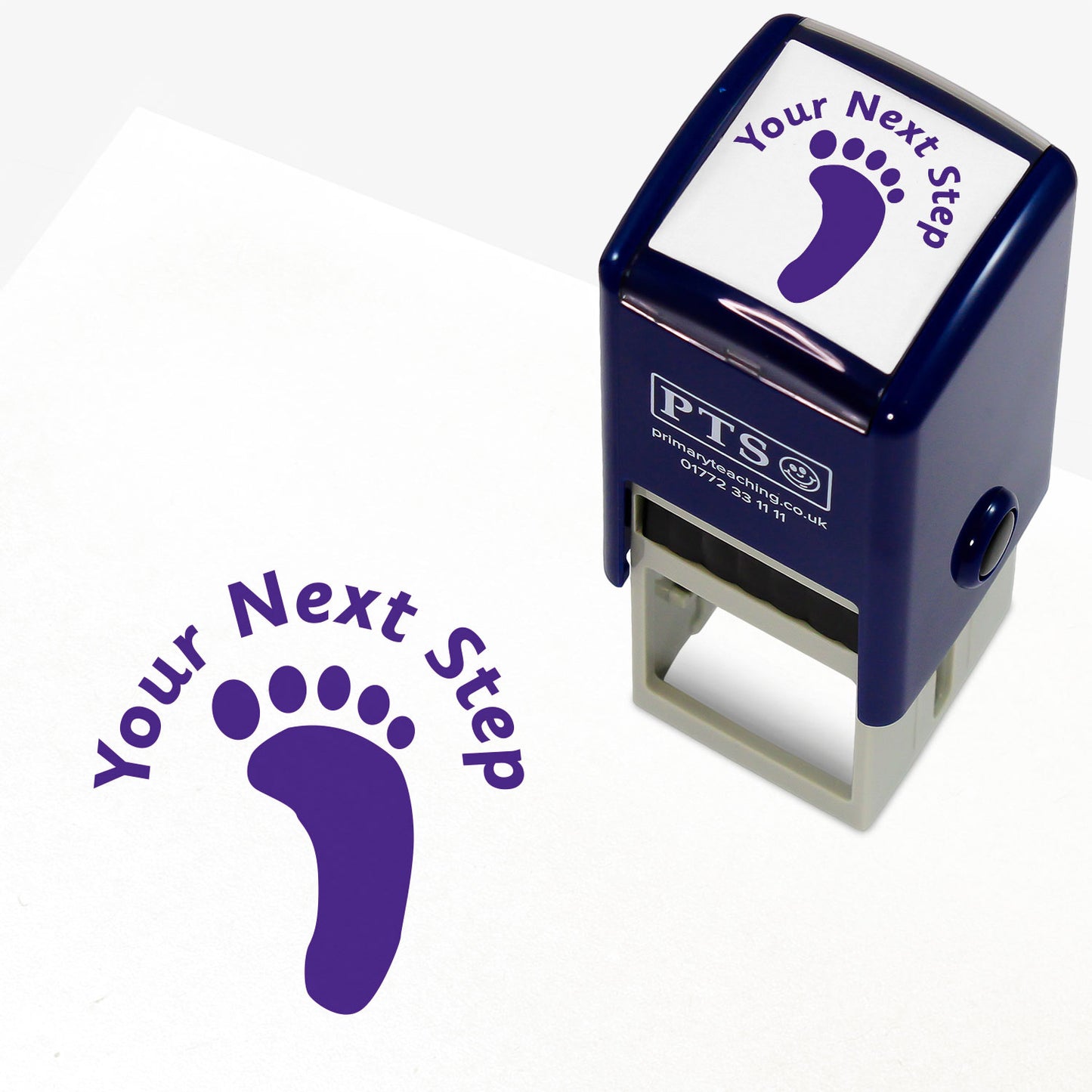 Purple 10mm pre-inked stamper featuring a footprint with the phrase 'Your Next Step' above.
