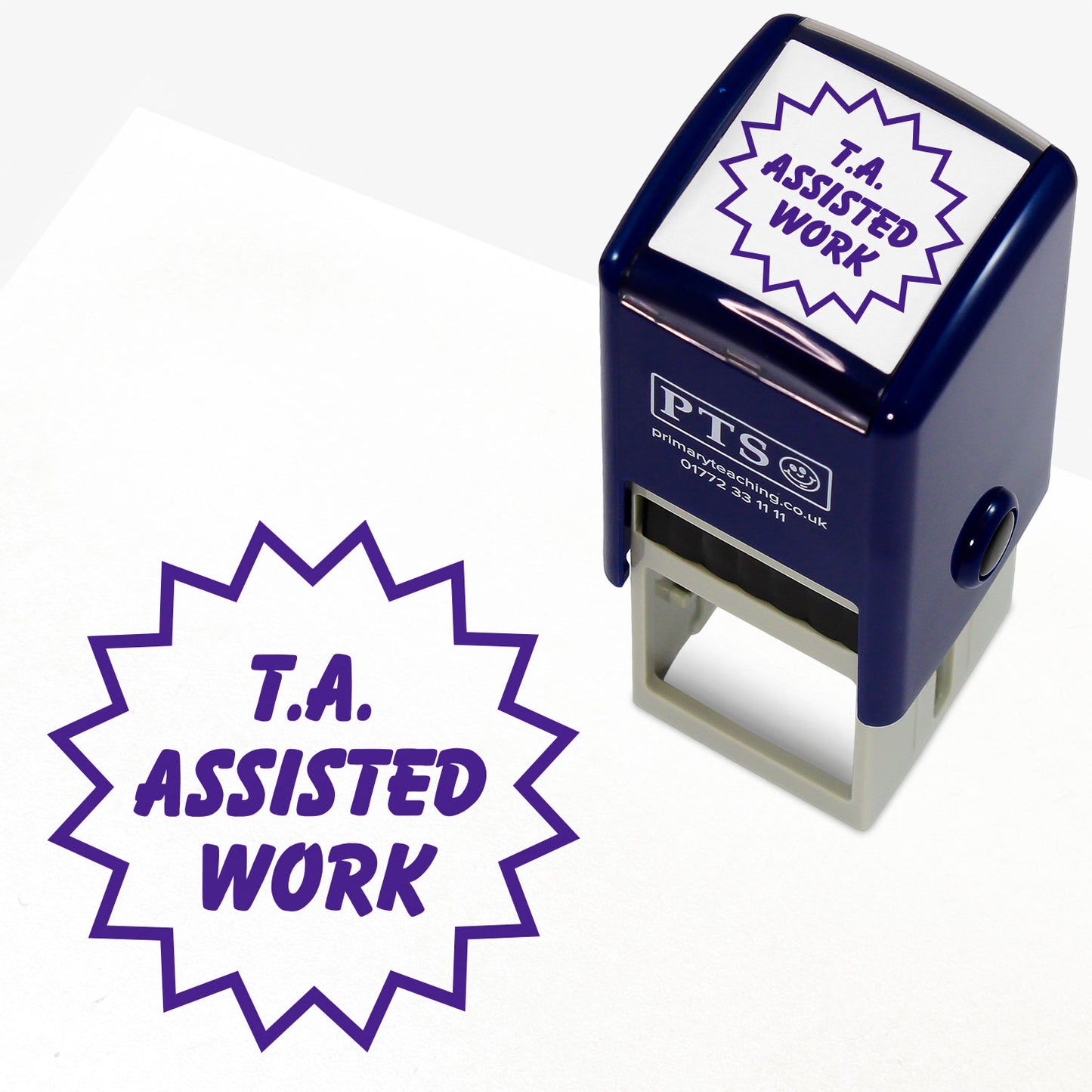 Purple self-inking teacher 25mm stamper displaying the text 'T.A. Assisted Work' within a flash style outline