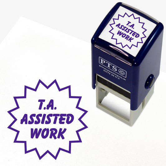 Purple self-inking teacher 25mm stamper displaying the text 'T.A. Assisted Work' within a flash style outline