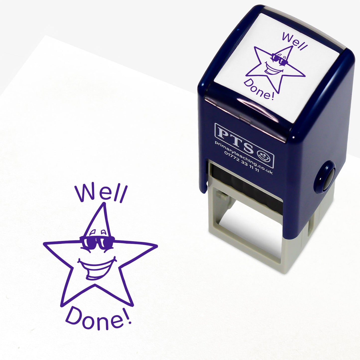 Well Done Star with Sunglasses Stamper featuring a 25mm circular stamp design with a smiling star character wearing sunglasses and the text 'Well Done!' in bold purple letters. The stamper has a dark blue casing, ideal for rewarding pupil achievements.
