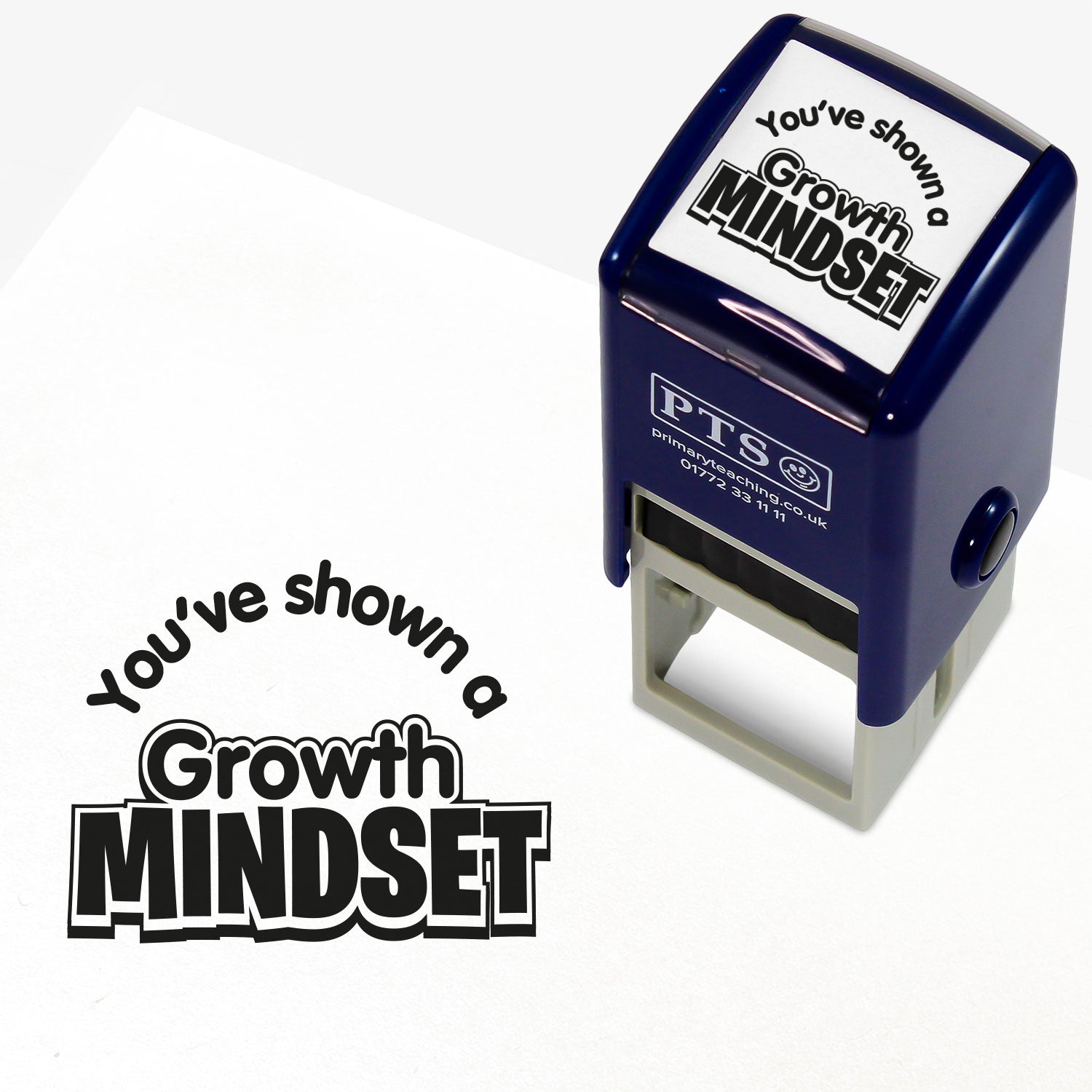 Square 25mm stamper with black ink, featuring the block worfing 'Growth MINDSET' and arcing above the phrase 'You've shown a'