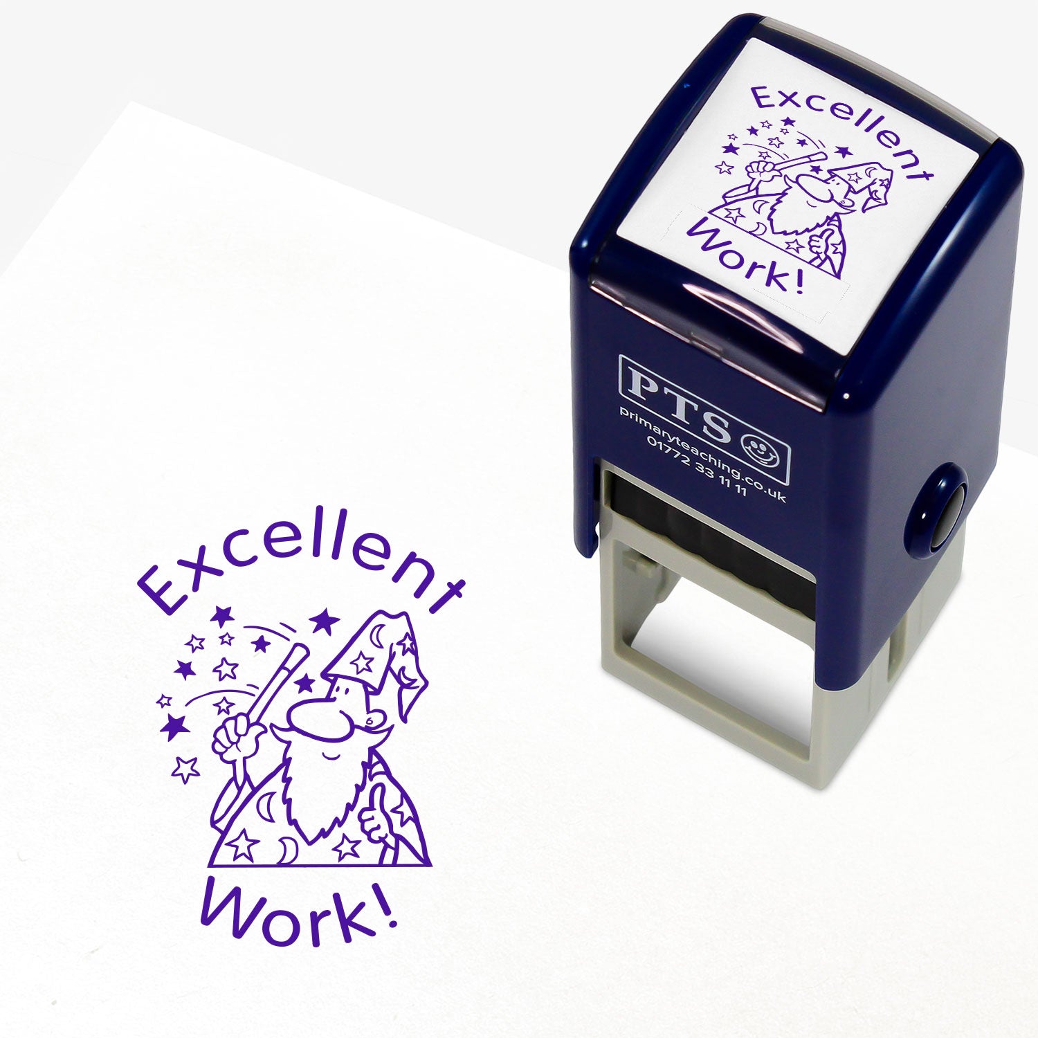 The image shows a 25mm stamper with the phrase 'Excellent Work!' alongside a graphic of a wizard. An example of the stamp's imprint is also displayed, demonstrating the purple ink used.
