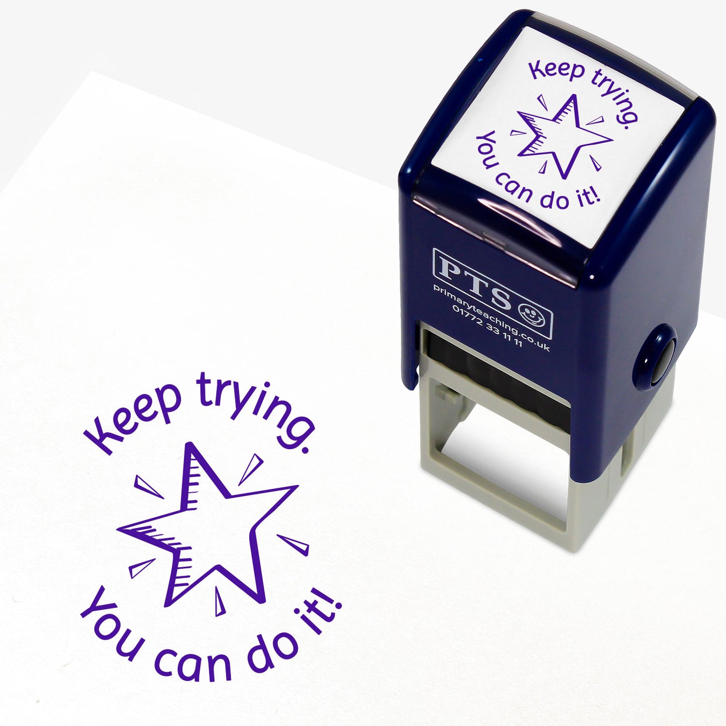 A 25mm purple self-inking stamp with a sparkling star with the phrase 'Keep trying.' above and 'You can do it!' below.