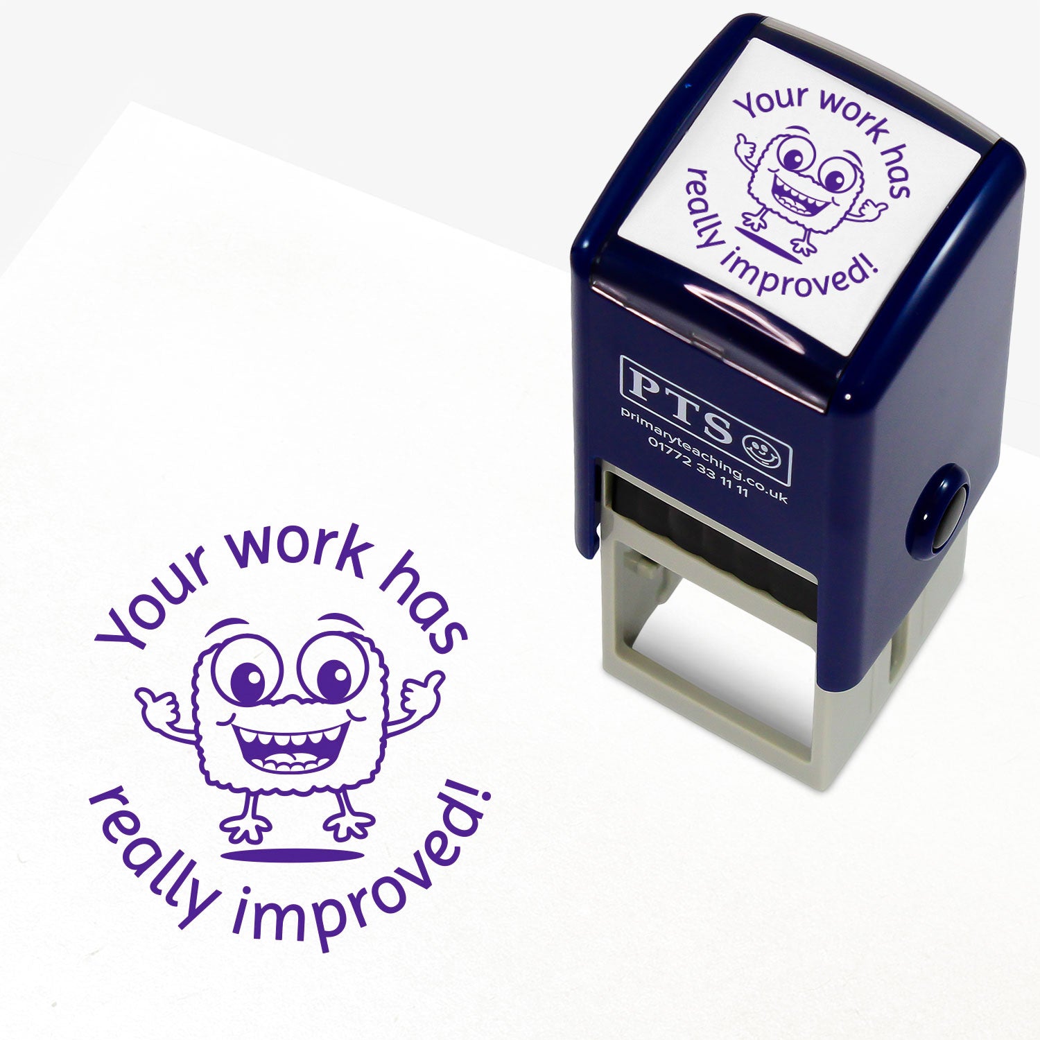 Purple 25mm pre-inked stamper featuring a smiling monster jumping up surrounded by the phrase 'Your work has really improved!'.