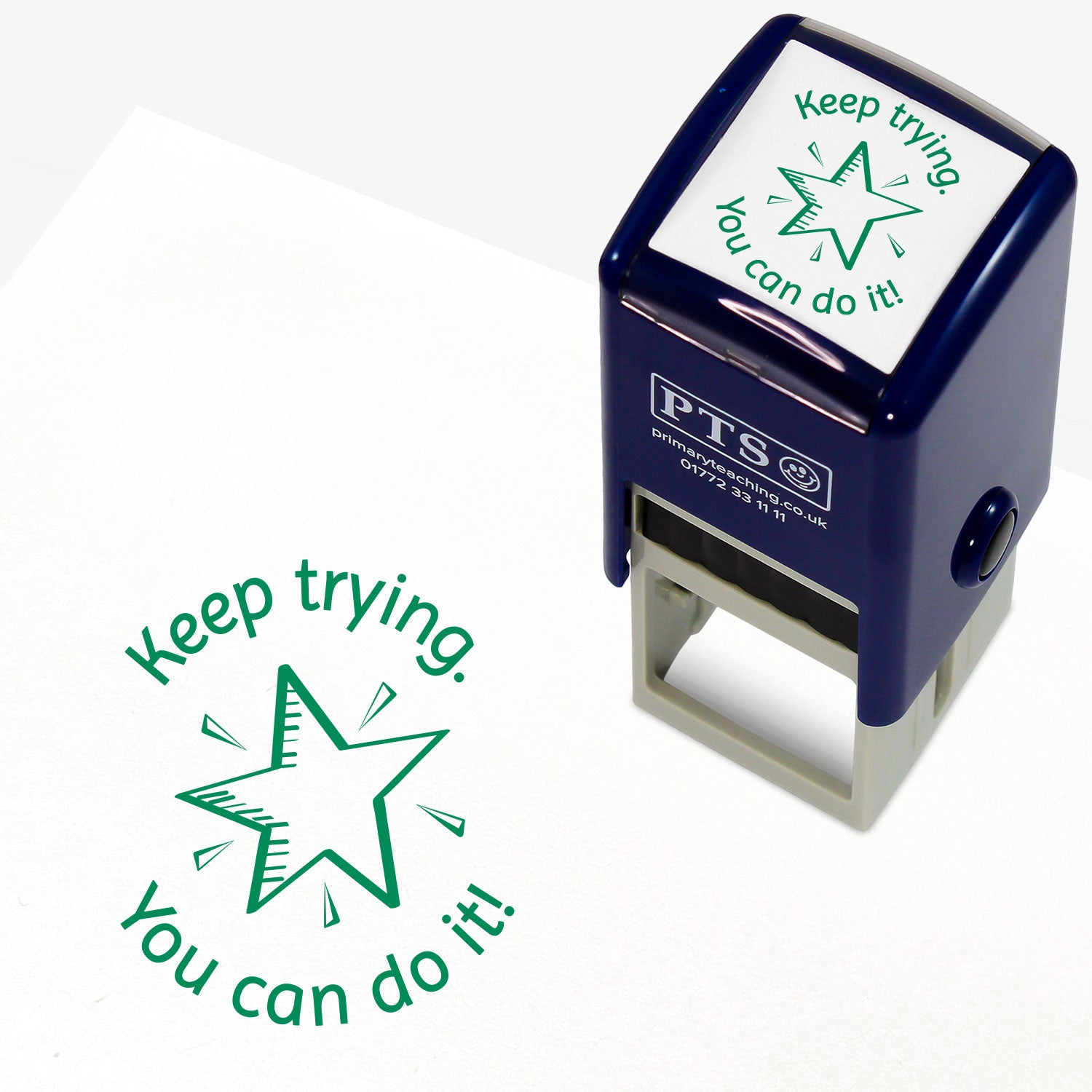 A 25mm green self-inking stamp with a sparkling star with the phrase 'Keep trying.' above and 'You can do it!' below.