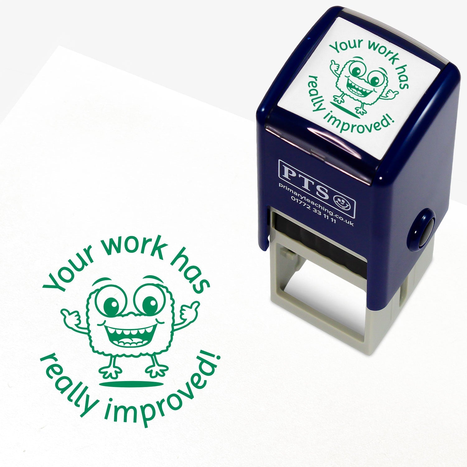 Green 25mm pre-inked stamper featuring a smiling monster jumping up surrounded by the phrase 'Your work has really improved!'.