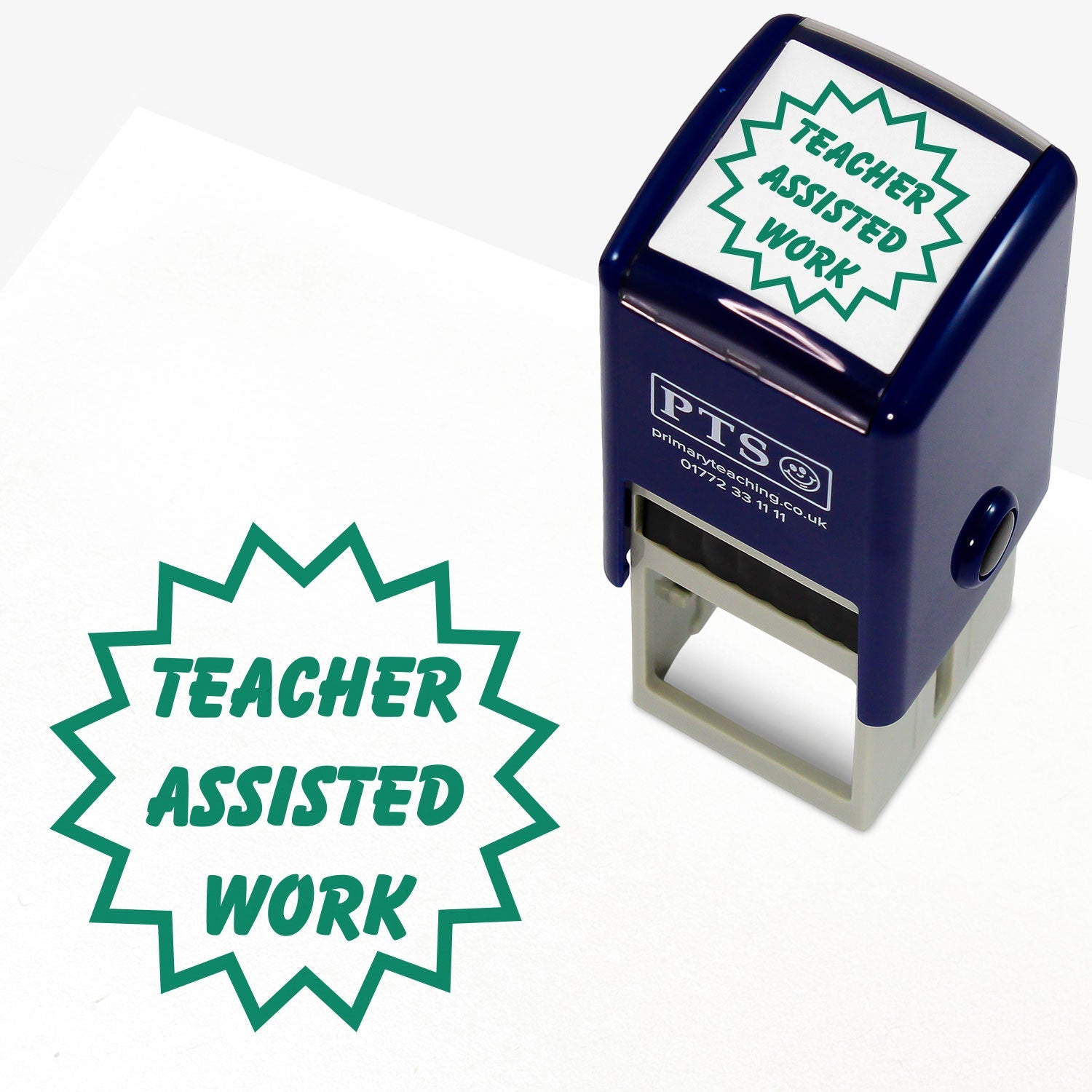 Green self-inking teacher 25mm stamper displaying the text 'Teacher Assisted Work' within a flash style outline