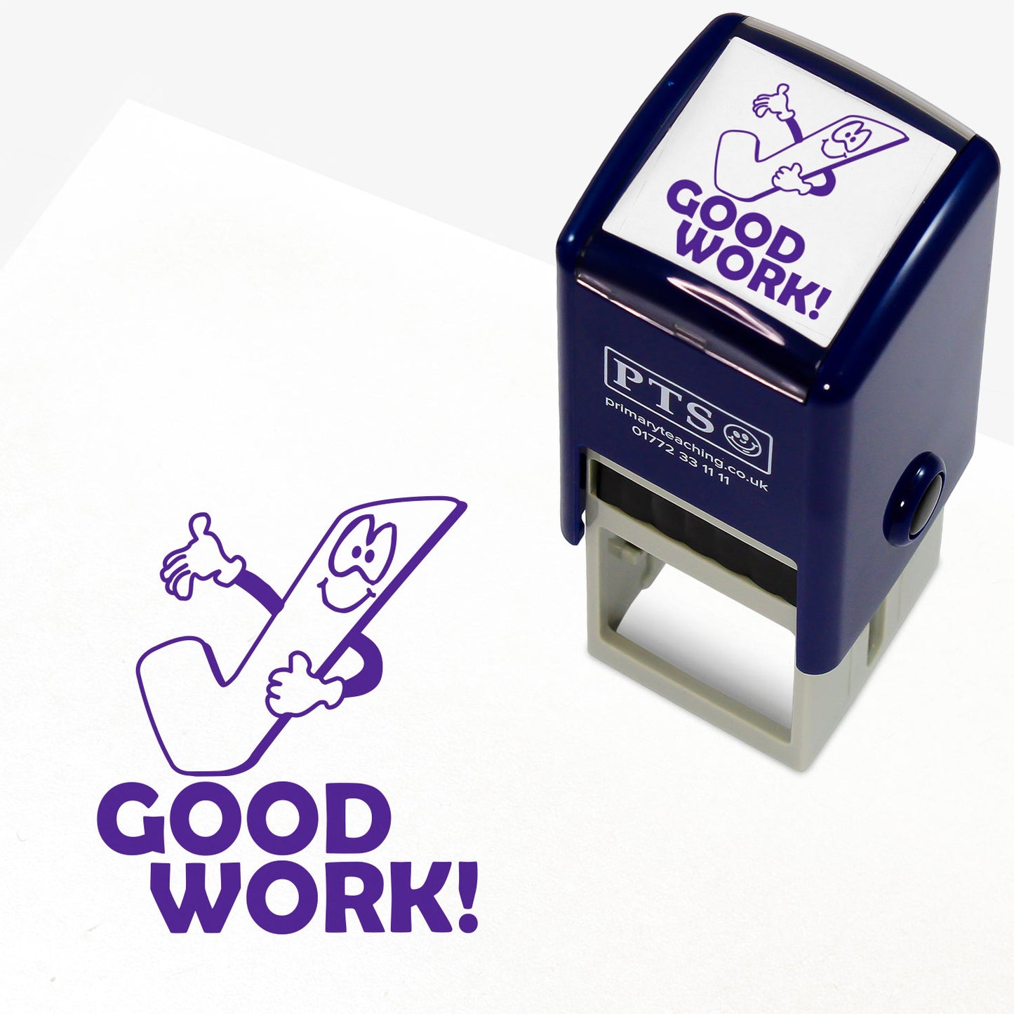 25mm self-inking stamper featuring the phrase 'GOOD WORK!' in bold purple uppercase letters beneath a smiling green tick character with arms; designed for teachers to provide positive feedback on pupils' work.