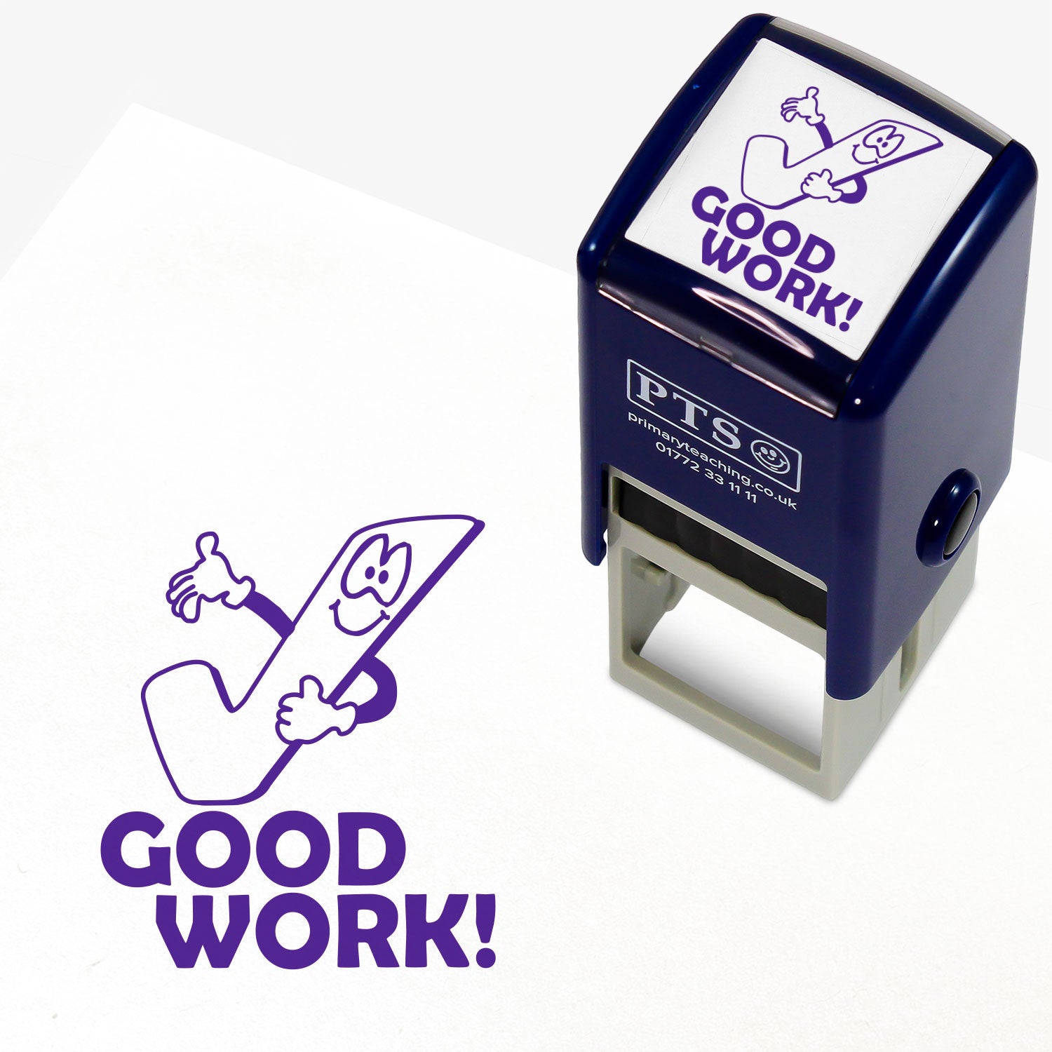 25mm self-inking stamper featuring the phrase 'GOOD WORK!' in bold purple uppercase letters beneath a smiling green tick character with arms; designed for teachers to provide positive feedback on pupils' work.