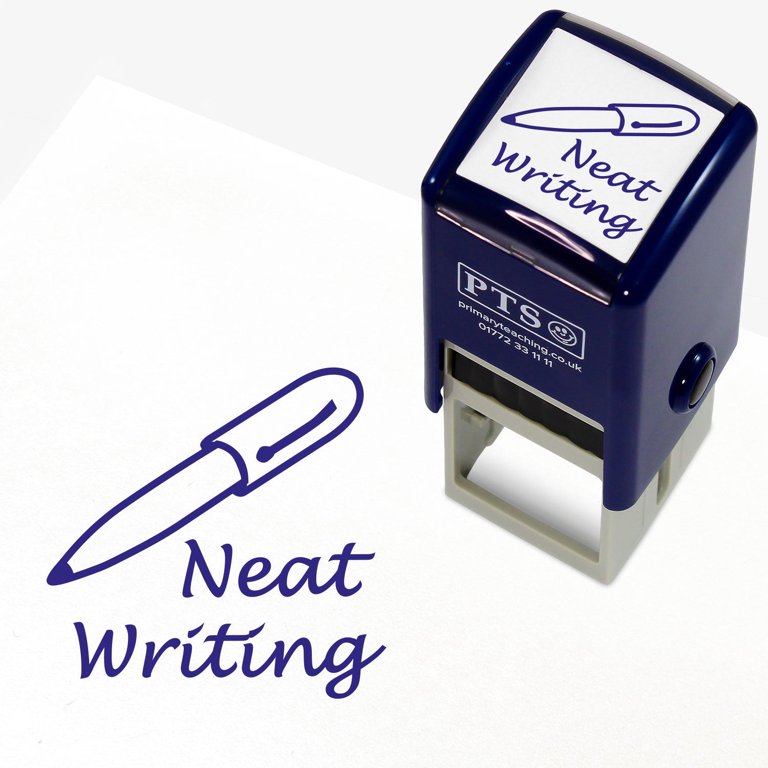 25mm self-inking stamper featuring the phrase 'Neat Writing' in blue cursive text above an illustration of a fountain pen; designed for teachers to commend pupils' handwriting in exercise books and assessments.
