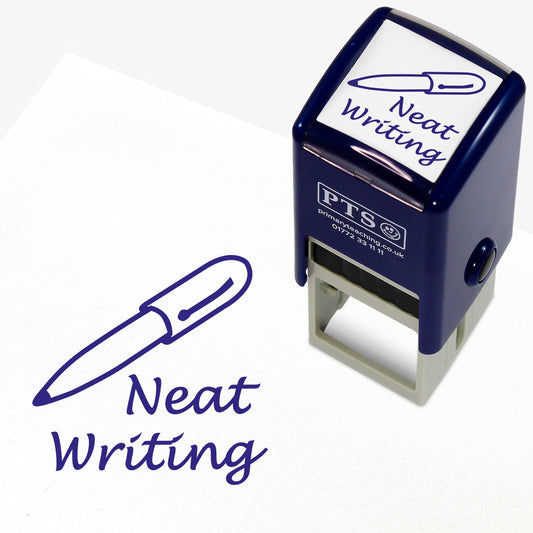 25mm self-inking stamper featuring the phrase 'Neat Writing' in blue cursive text above an illustration of a fountain pen; designed for teachers to commend pupils' handwriting in exercise books and assessments.