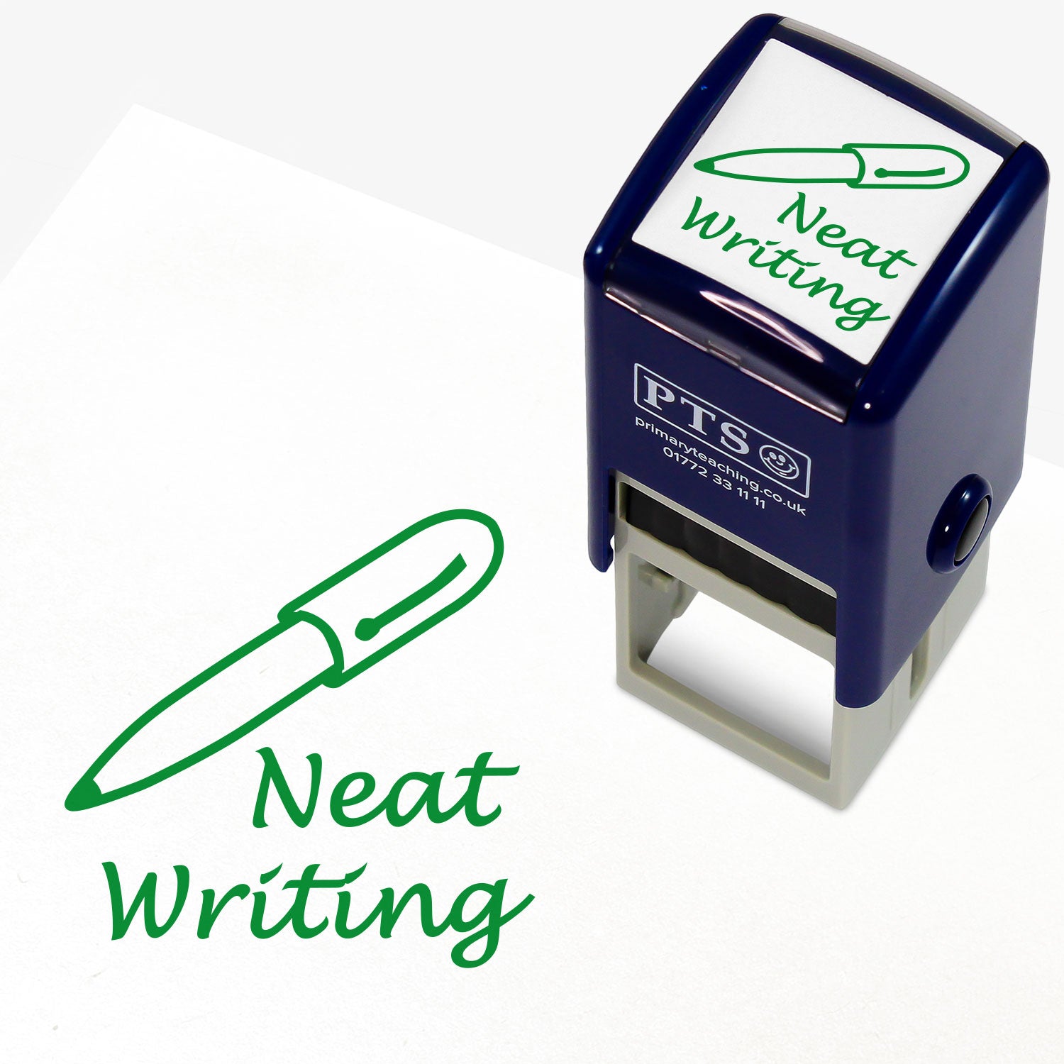 25mm self-inking stamper featuring the phrase 'Neat Writing' in green cursive text above an illustration of a fountain pen; designed for teachers to commend pupils' handwriting in exercise books and assessments.