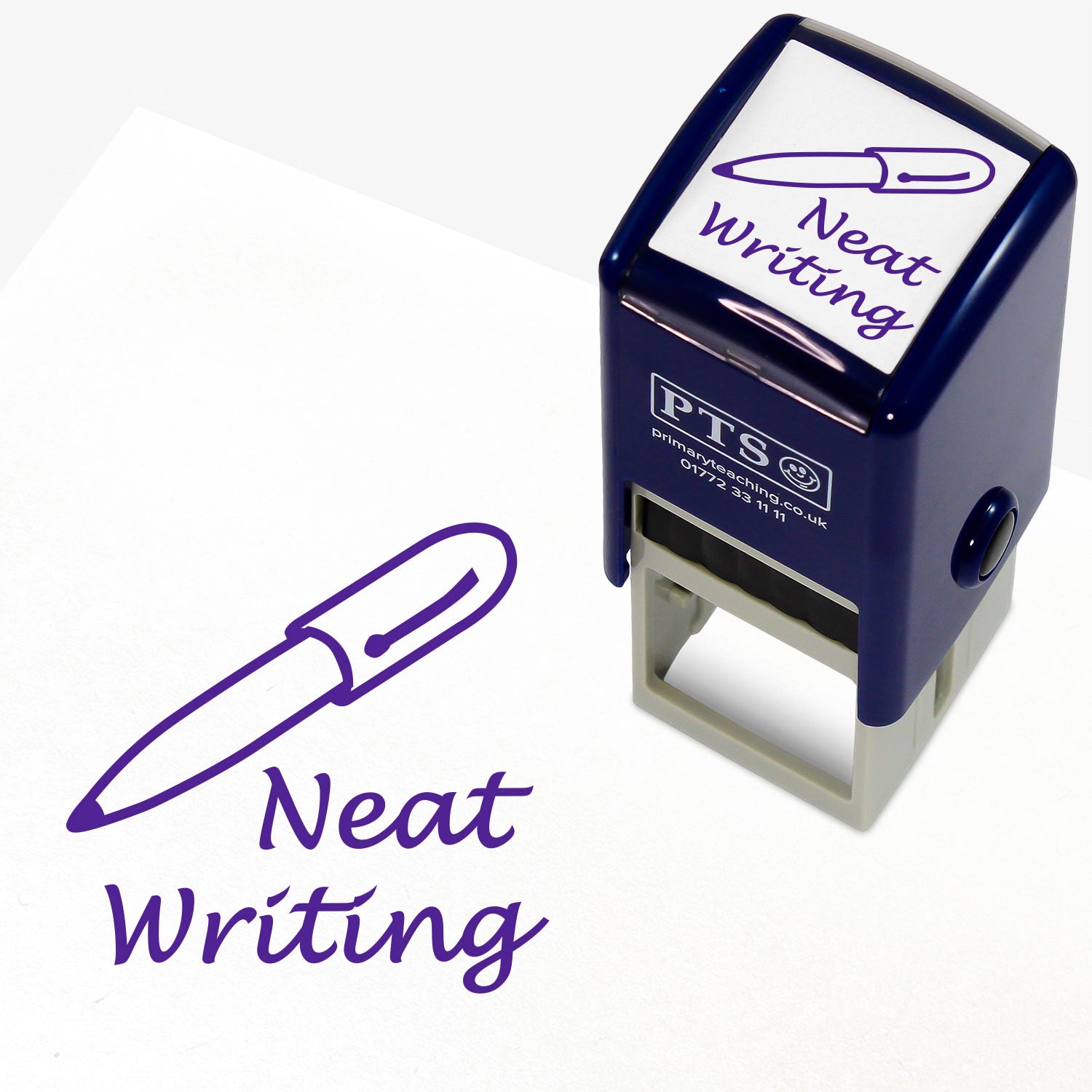 25mm self-inking stamper featuring the phrase 'Neat Writing' in purple cursive text above an illustration of a fountain pen; designed for teachers to commend pupils' handwriting in exercise books and assessments.