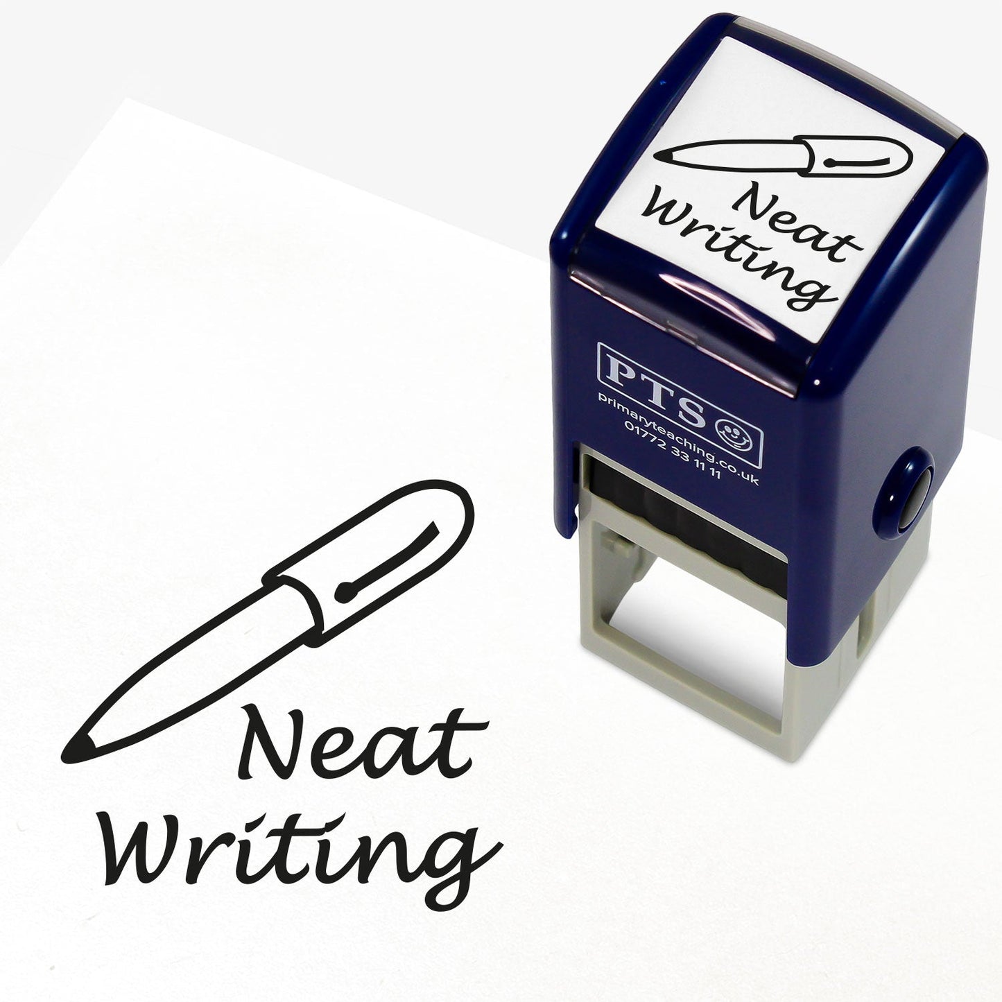 25mm self-inking stamper featuring the phrase 'Neat Writing' in black cursive text above an illustration of a fountain pen; designed for teachers to commend pupils' handwriting in exercise books and assessments.
