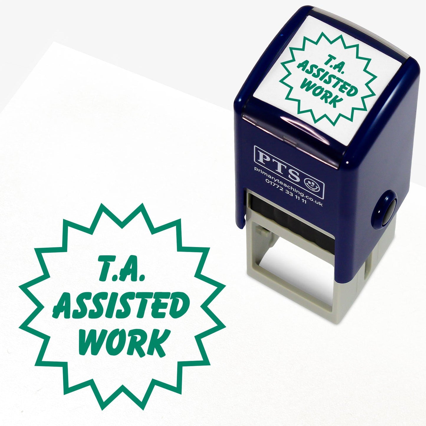 Green self-inking teacher 25mm stamper displaying the text 'T.A. Assisted Work' within a flash style outline