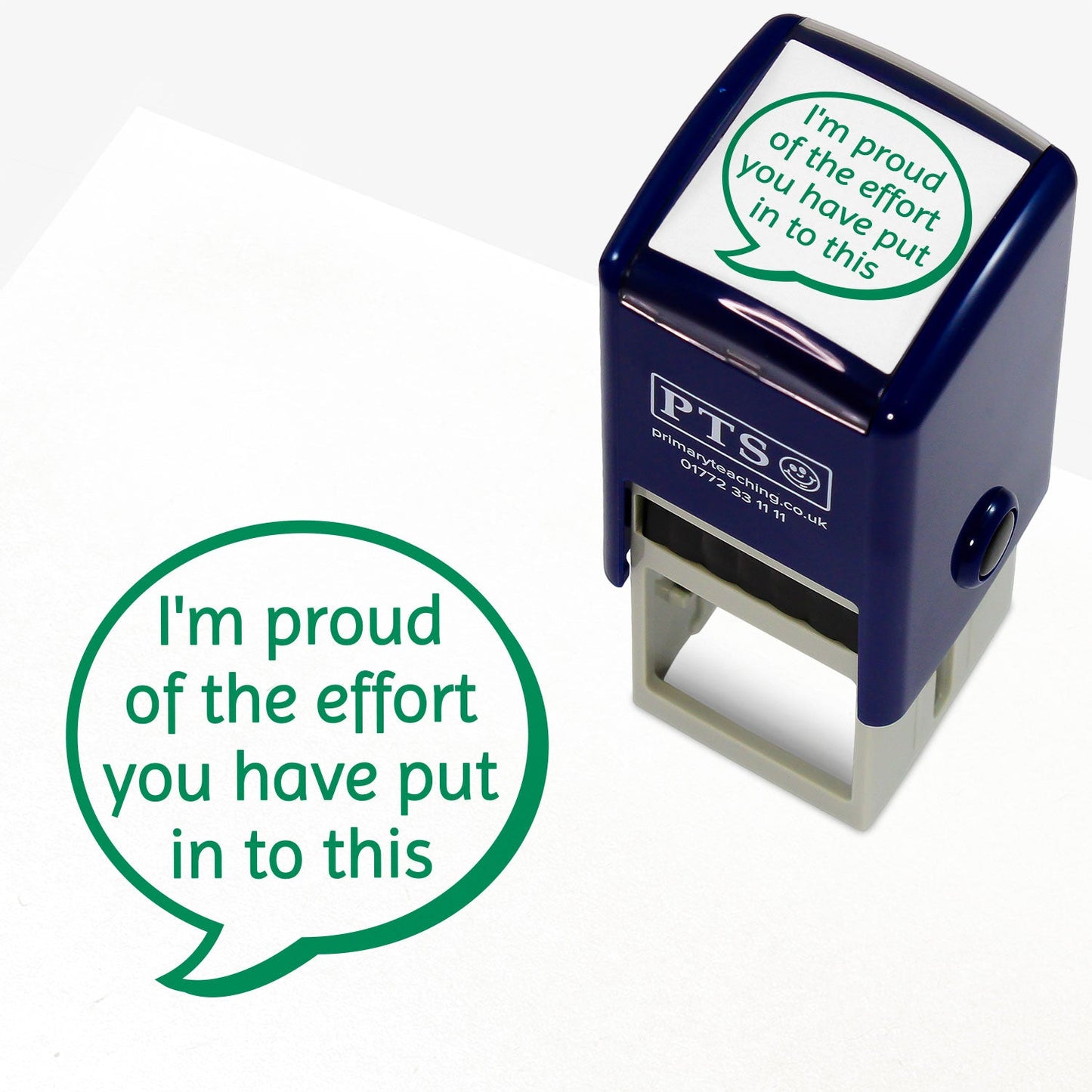 A 25mm round pre-inked teacher stamper with green ink, featuring a speech bubble containing the phrase 'I'm proud of the effort you've put into this'.
