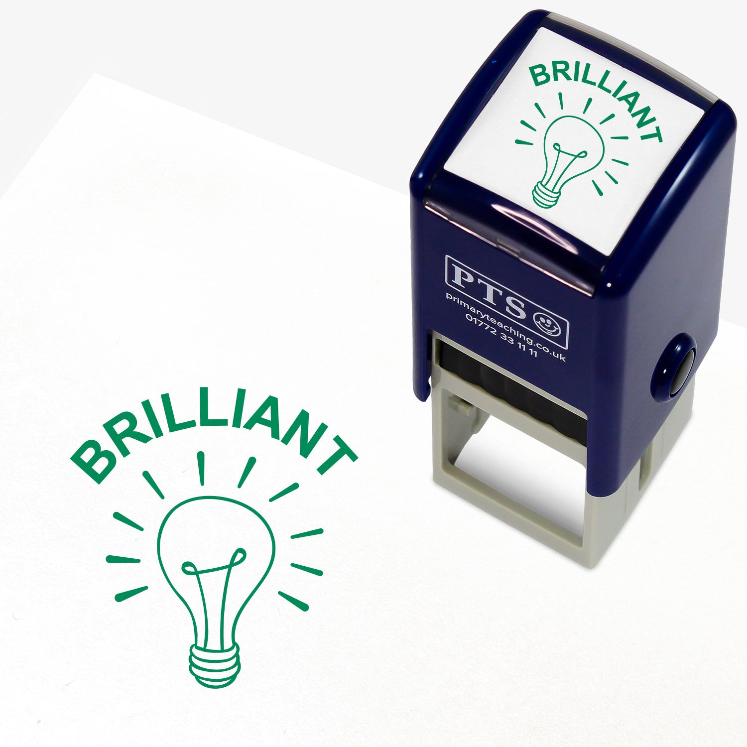 A 25mm round pre-inked teacher stamper with green ink. The stamped design features a light bulb illustration with the word 'Brilliant' above it. Ideal for acknowledging pupils' insightful contributions