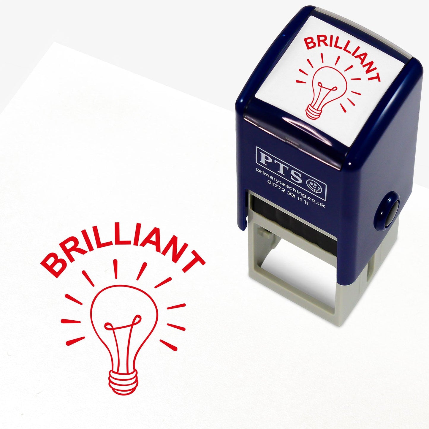 A 25mm round pre-inked teacher stamper with red ink. The stamped design features a light bulb illustration with the word 'Brilliant' above it. Ideal for acknowledging pupils' insightful contributions
