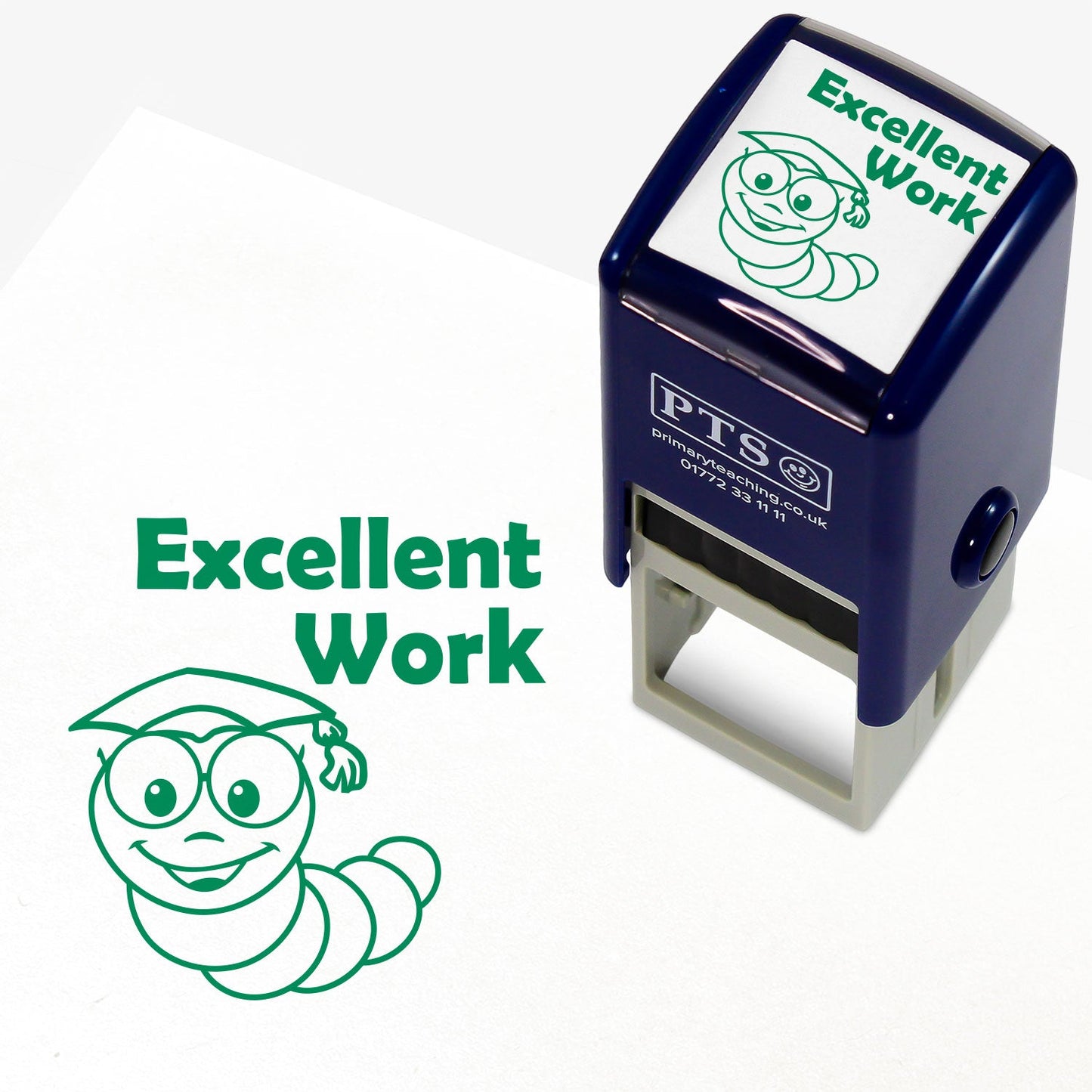 25mm self-inking stamper featuring the phrase 'Excellent Work' in bold green text above a smiling cartoon worm wearing glasses and a mortarboard; designed for teachers to provide positive feedback on pupils' work