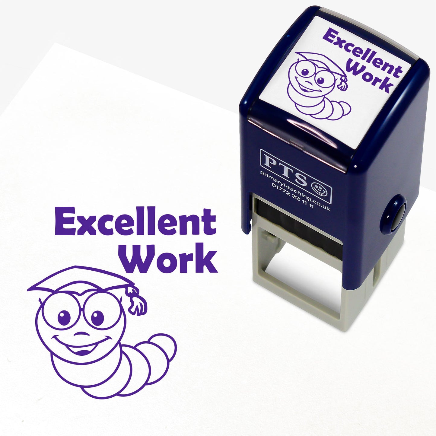 25mm self-inking stamper featuring the phrase 'Excellent Work' in bold purple text above a smiling cartoon worm wearing glasses and a mortarboard; designed for teachers to provide positive feedback on pupils' work