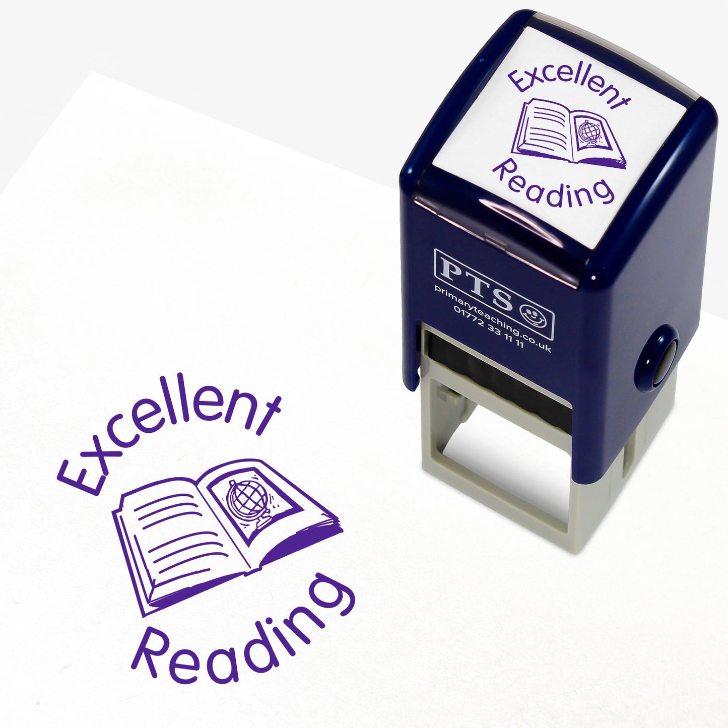 Purple 25mm pre-inked stamper featuring the phrase 'Excellent reading' and an open book icon