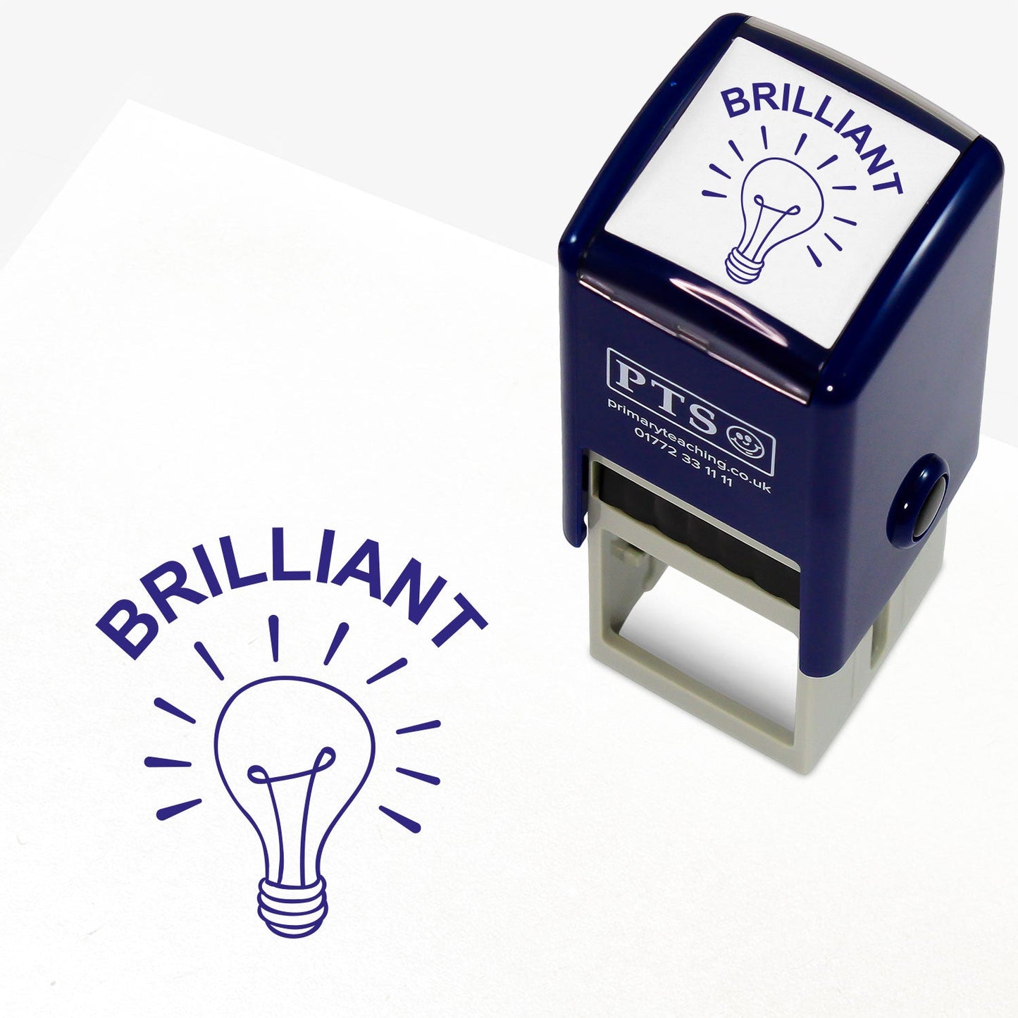 A 25mm round pre-inked teacher stamper with blue ink. The stamped design features a light bulb illustration with the word 'Brilliant' above it. Ideal for acknowledging pupils' insightful contributions