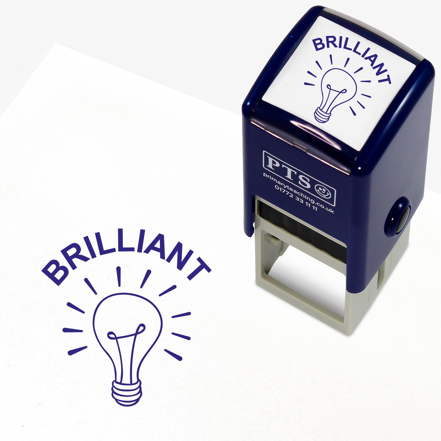 A 25mm round pre-inked teacher stamper with blue ink. The stamped design features a light bulb illustration with the word 'Brilliant' above it. Ideal for acknowledging pupils' insightful contributions