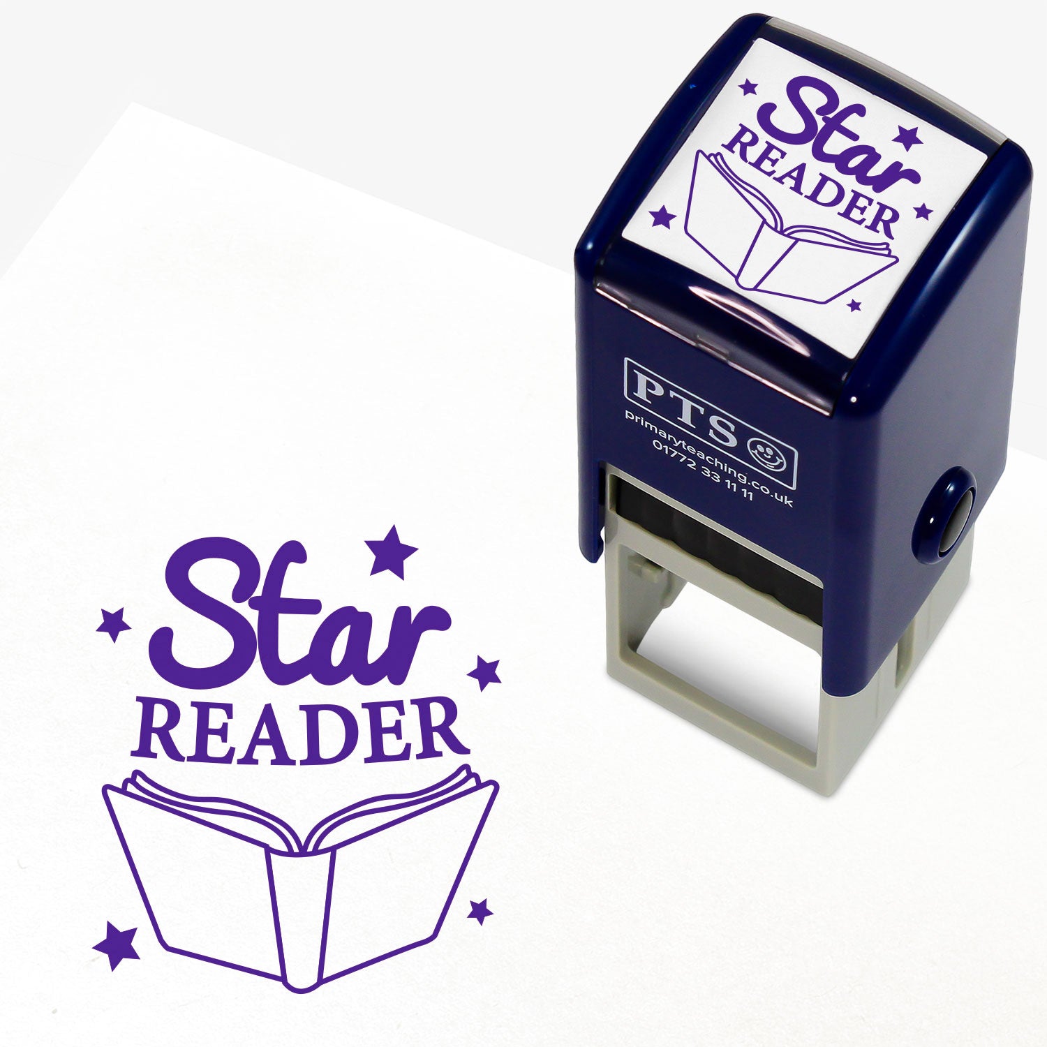 25mm Self-inking teacher stamp with the phrase 'Star Reader' in bold purple text with an open book below the phrase and stars surrounding it.
